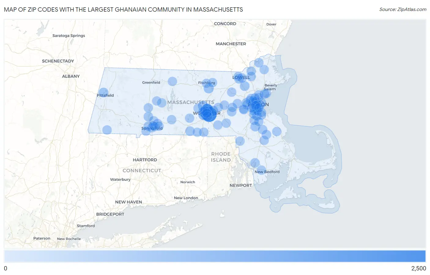 Zip Codes with the Largest Ghanaian Community in Massachusetts Map