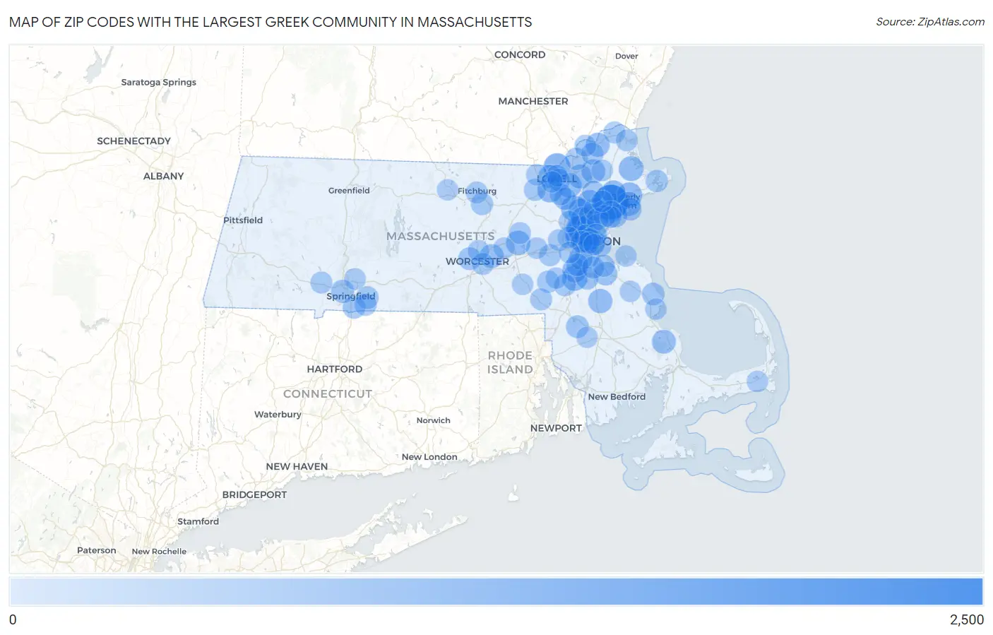 Zip Codes with the Largest Greek Community in Massachusetts Map