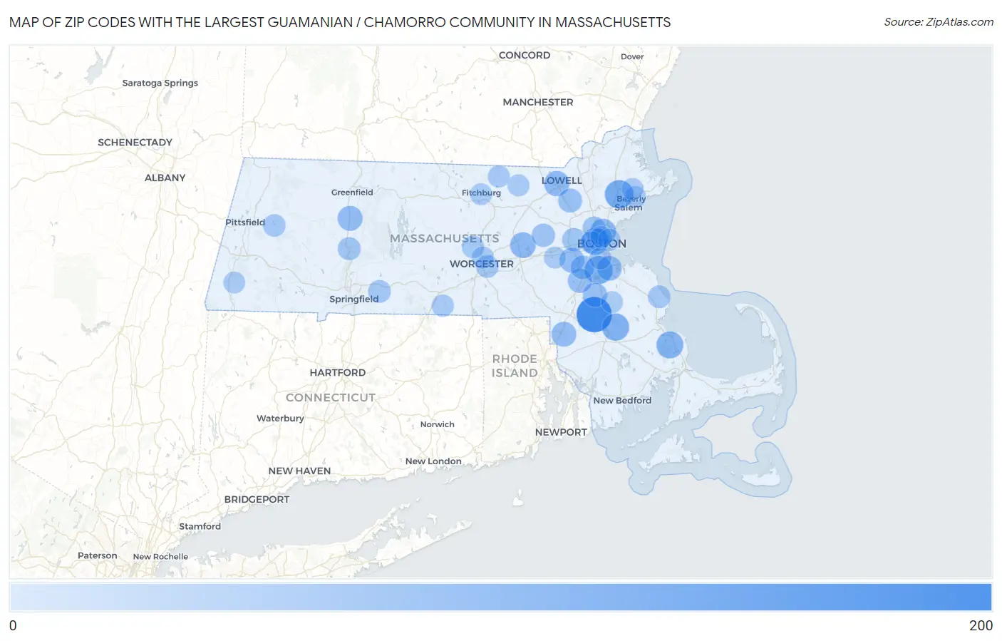 Zip Codes with the Largest Guamanian / Chamorro Community in Massachusetts Map