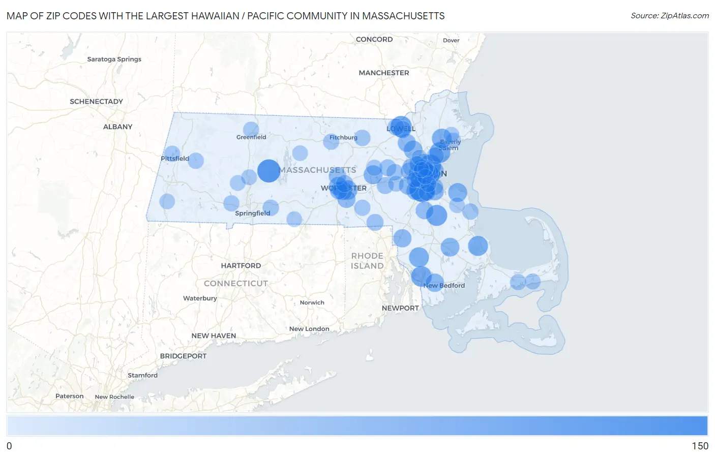 Zip Codes with the Largest Hawaiian / Pacific Community in Massachusetts Map