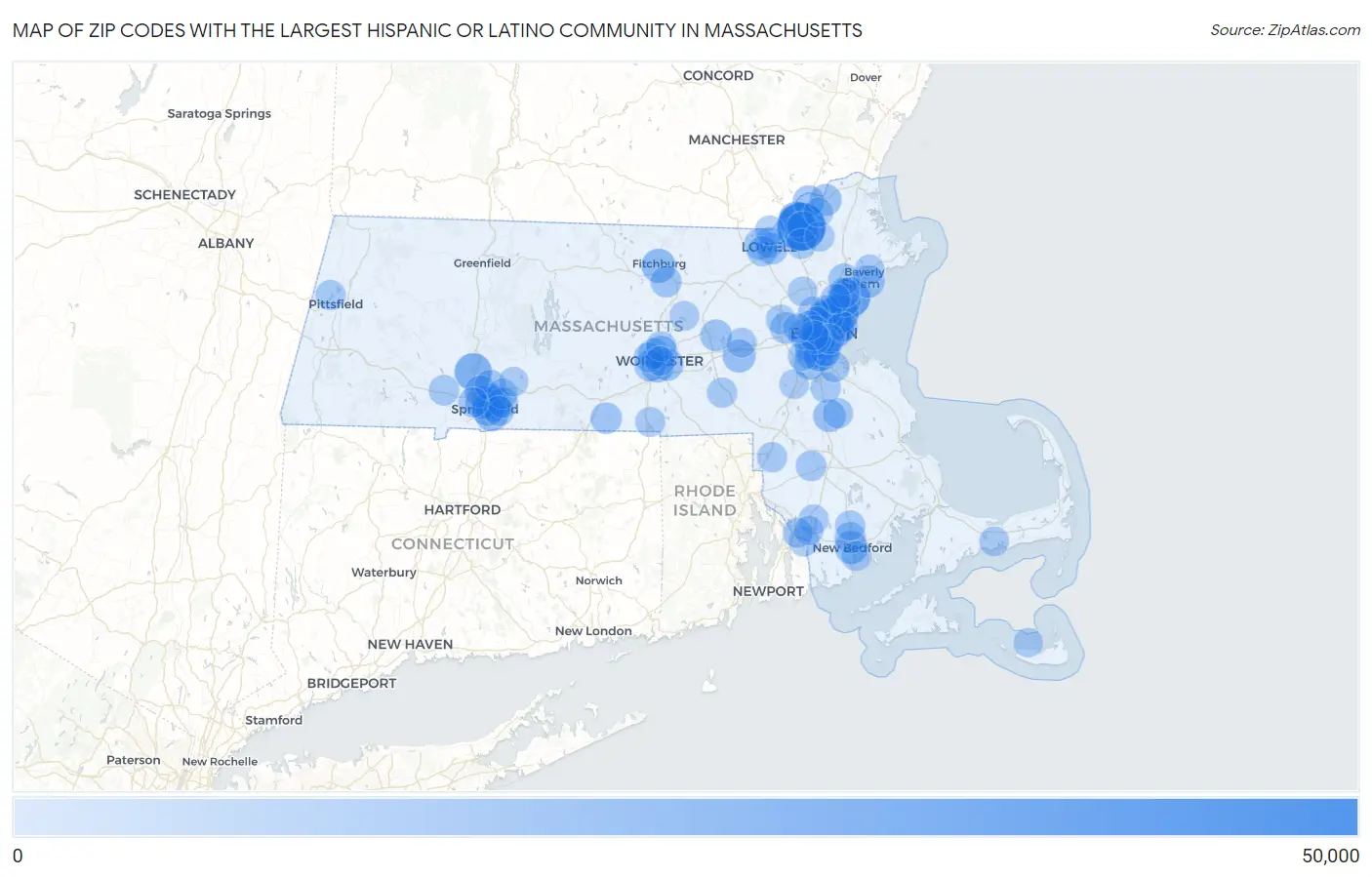 Zip Codes with the Largest Hispanic or Latino Community in Massachusetts Map