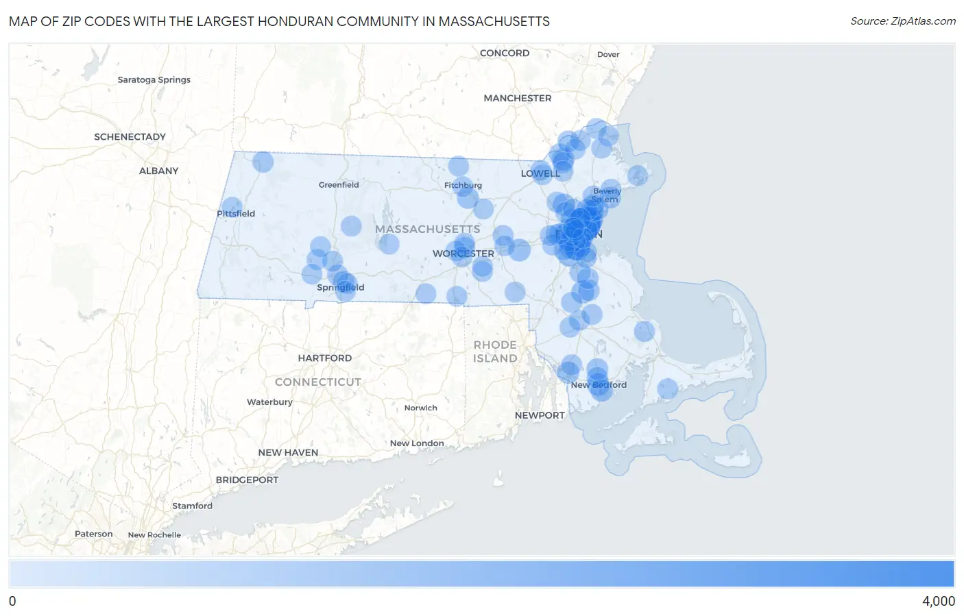Zip Codes with the Largest Honduran Community in Massachusetts Map
