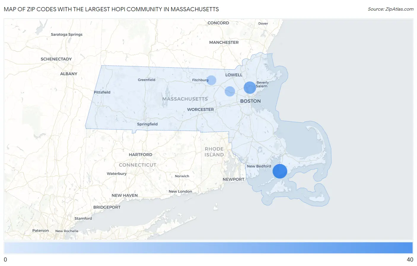 Zip Codes with the Largest Hopi Community in Massachusetts Map
