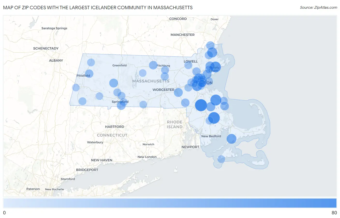 Zip Codes with the Largest Icelander Community in Massachusetts Map