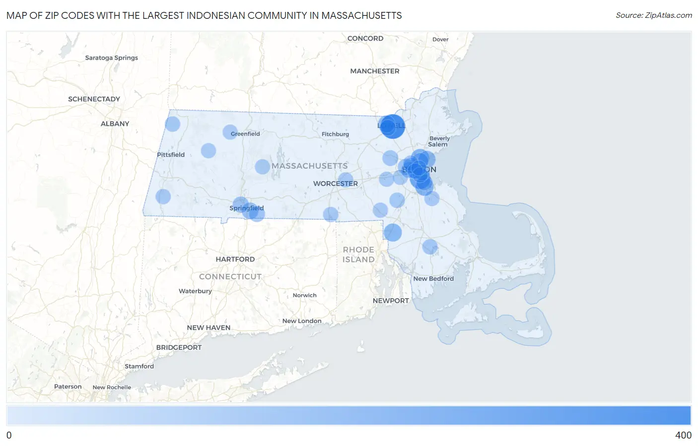 Zip Codes with the Largest Indonesian Community in Massachusetts Map