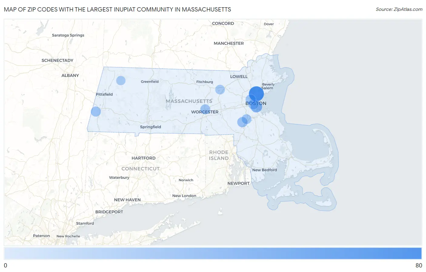Zip Codes with the Largest Inupiat Community in Massachusetts Map