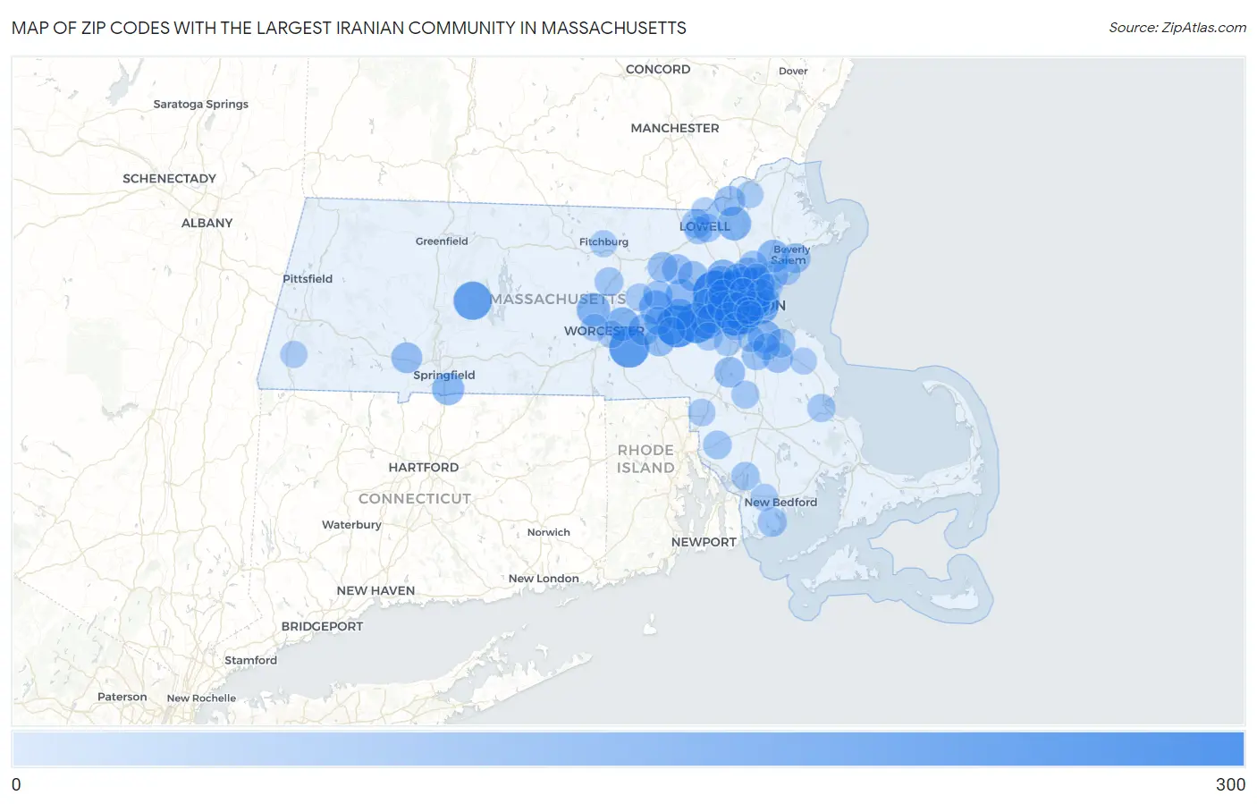 Zip Codes with the Largest Iranian Community in Massachusetts Map