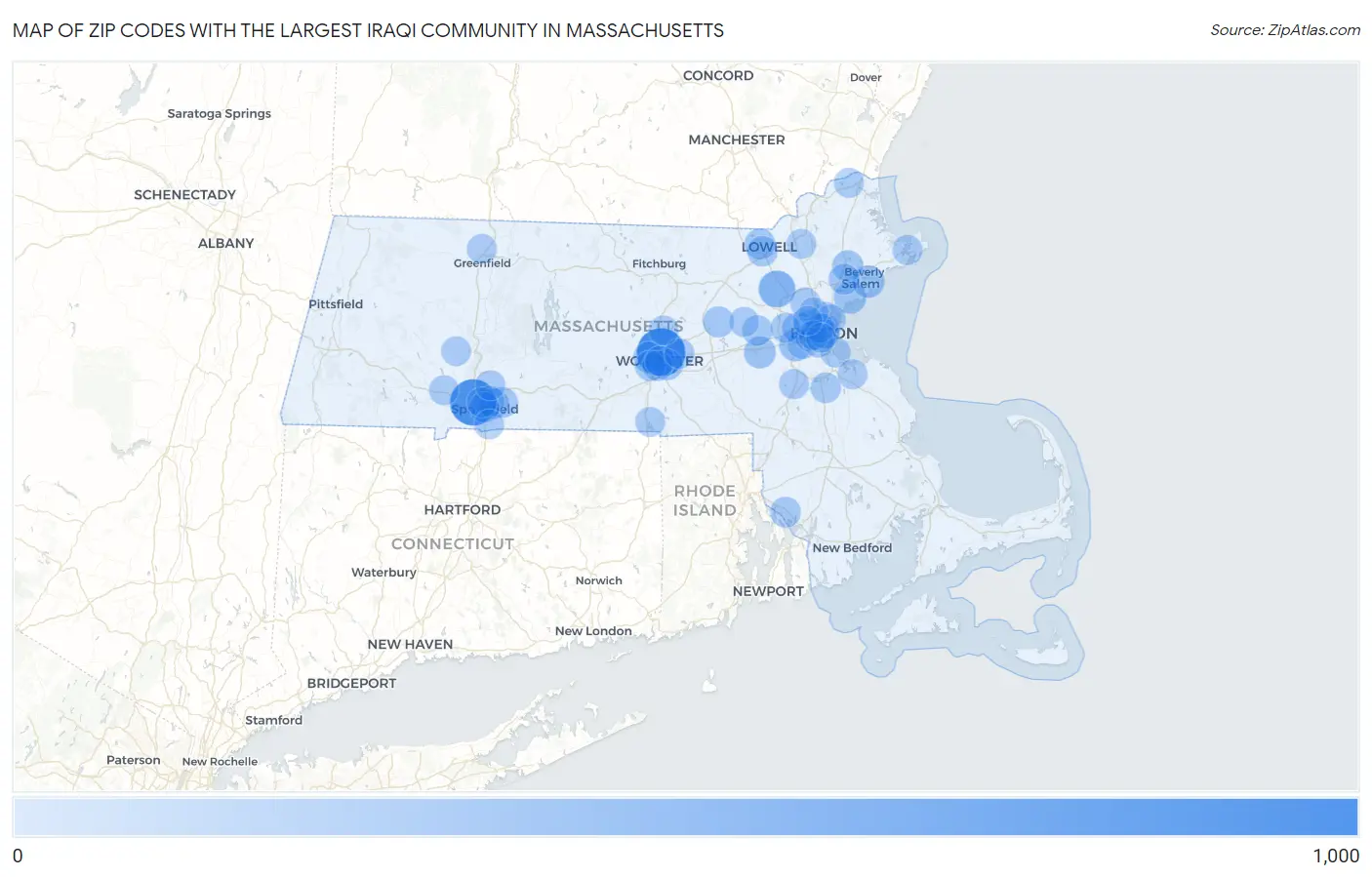 Zip Codes with the Largest Iraqi Community in Massachusetts Map