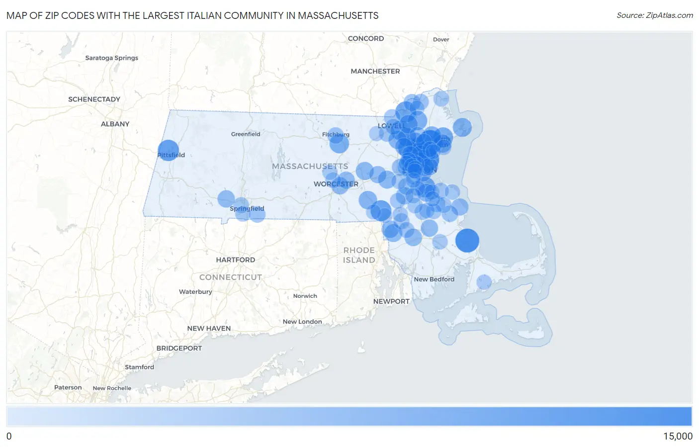 Zip Codes with the Largest Italian Community in Massachusetts Map