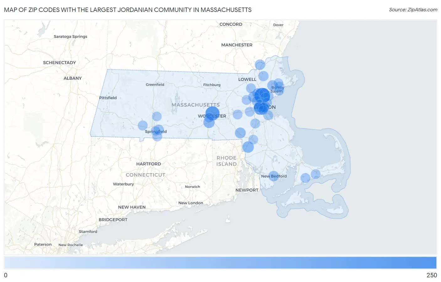 Zip Codes with the Largest Jordanian Community in Massachusetts Map