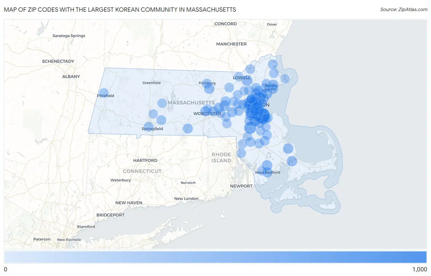 Zip Codes with the Largest Korean Community in Massachusetts Map