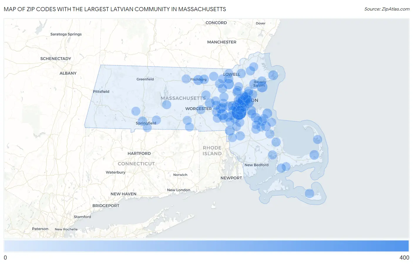 Zip Codes with the Largest Latvian Community in Massachusetts Map