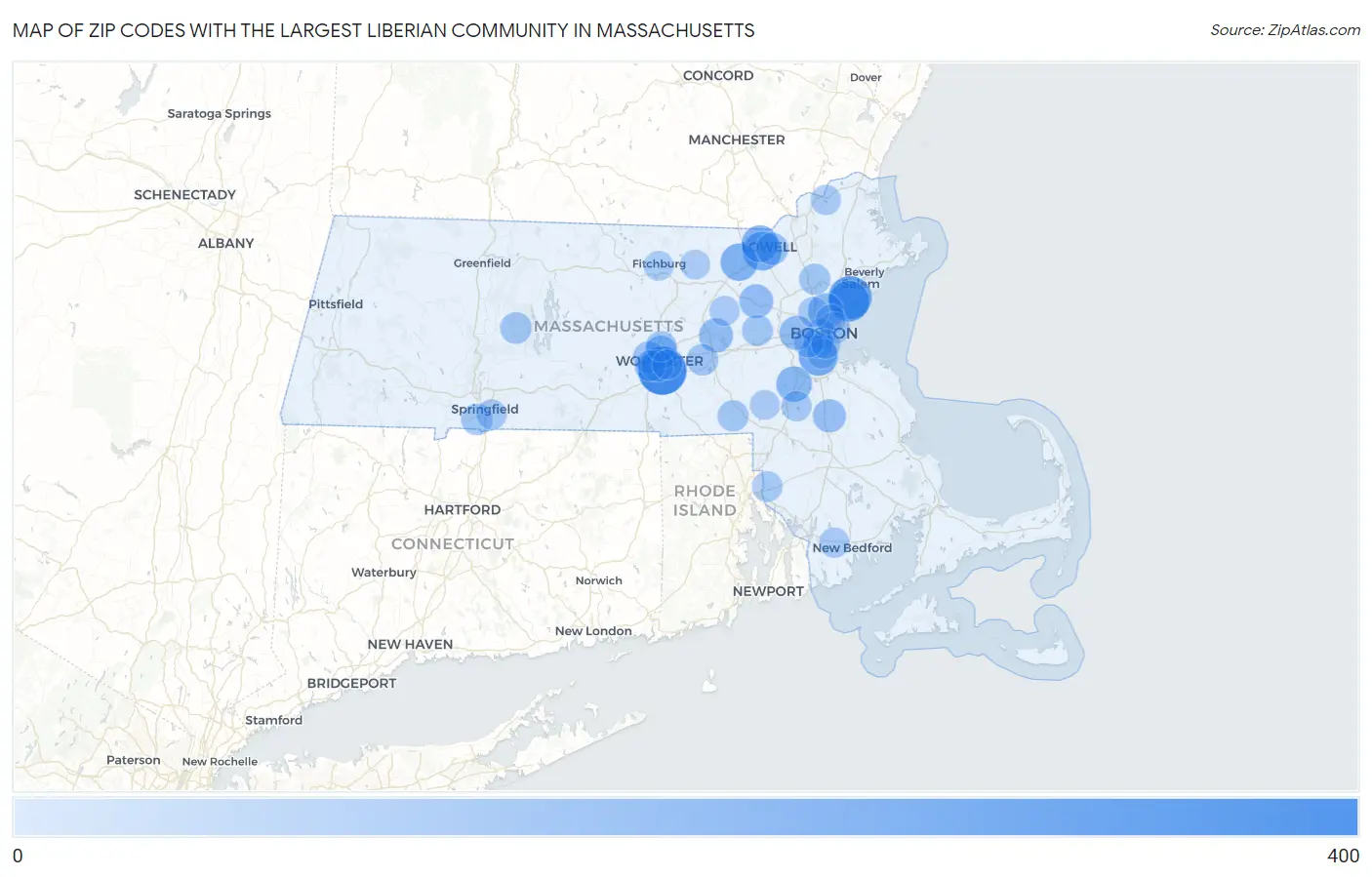 Zip Codes with the Largest Liberian Community in Massachusetts Map