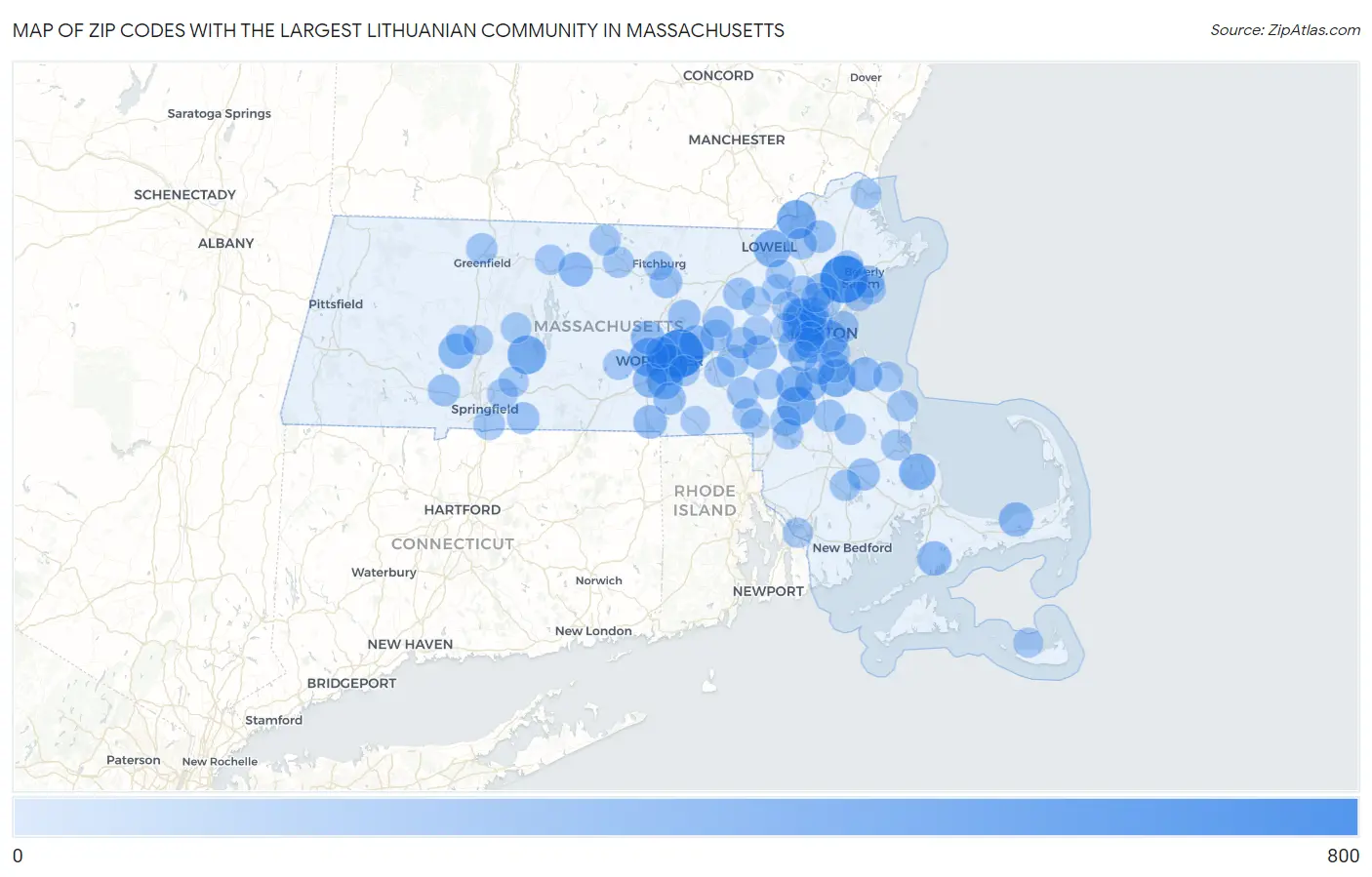 Zip Codes with the Largest Lithuanian Community in Massachusetts Map