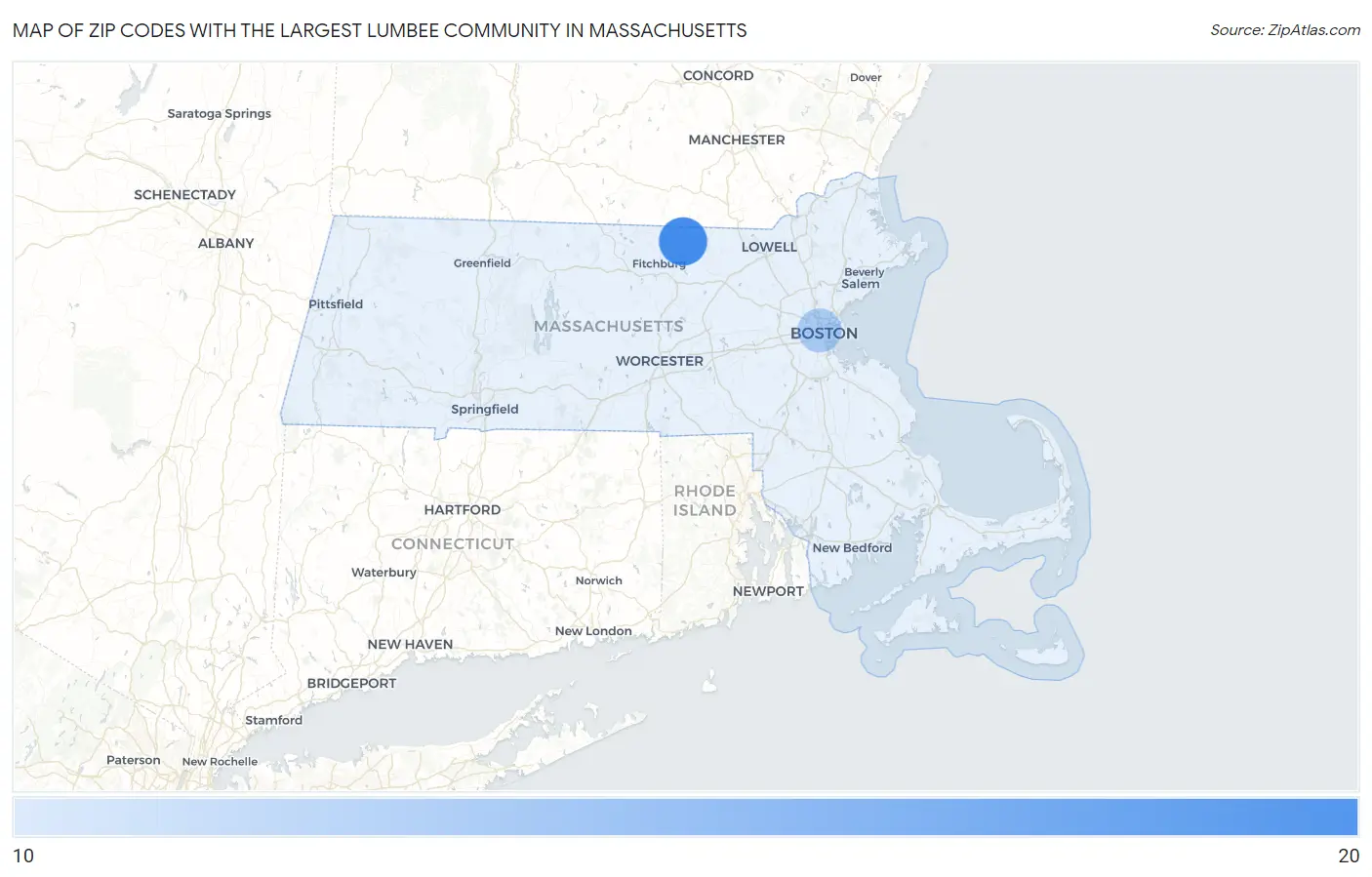 Zip Codes with the Largest Lumbee Community in Massachusetts Map