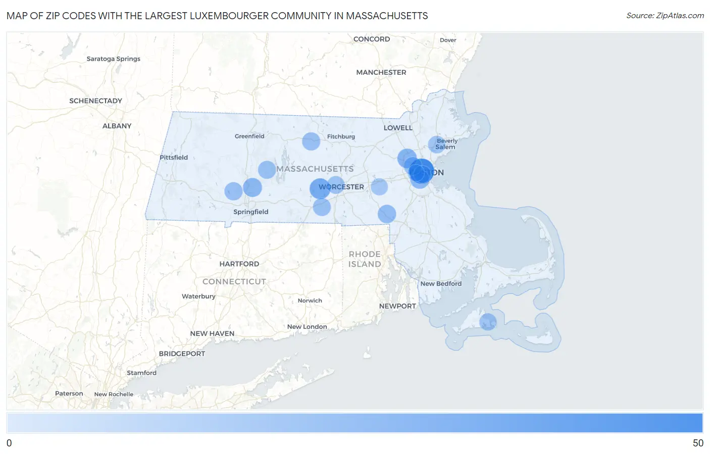 Zip Codes with the Largest Luxembourger Community in Massachusetts Map