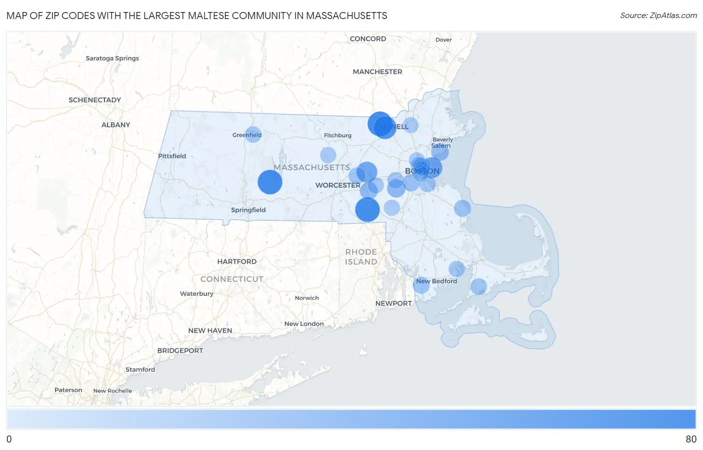 Zip Codes with the Largest Maltese Community in Massachusetts Map