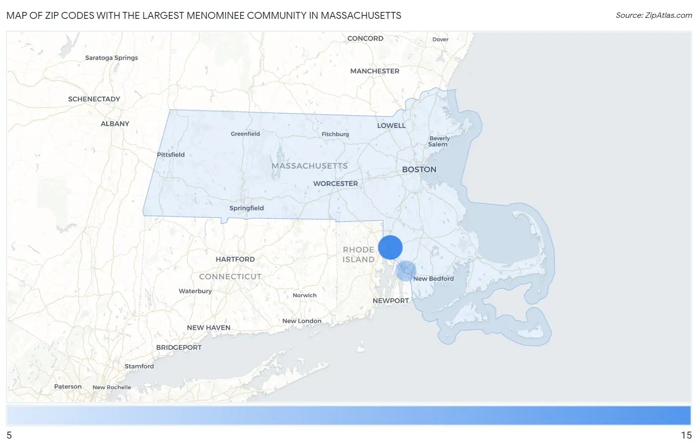 Zip Codes with the Largest Menominee Community in Massachusetts Map
