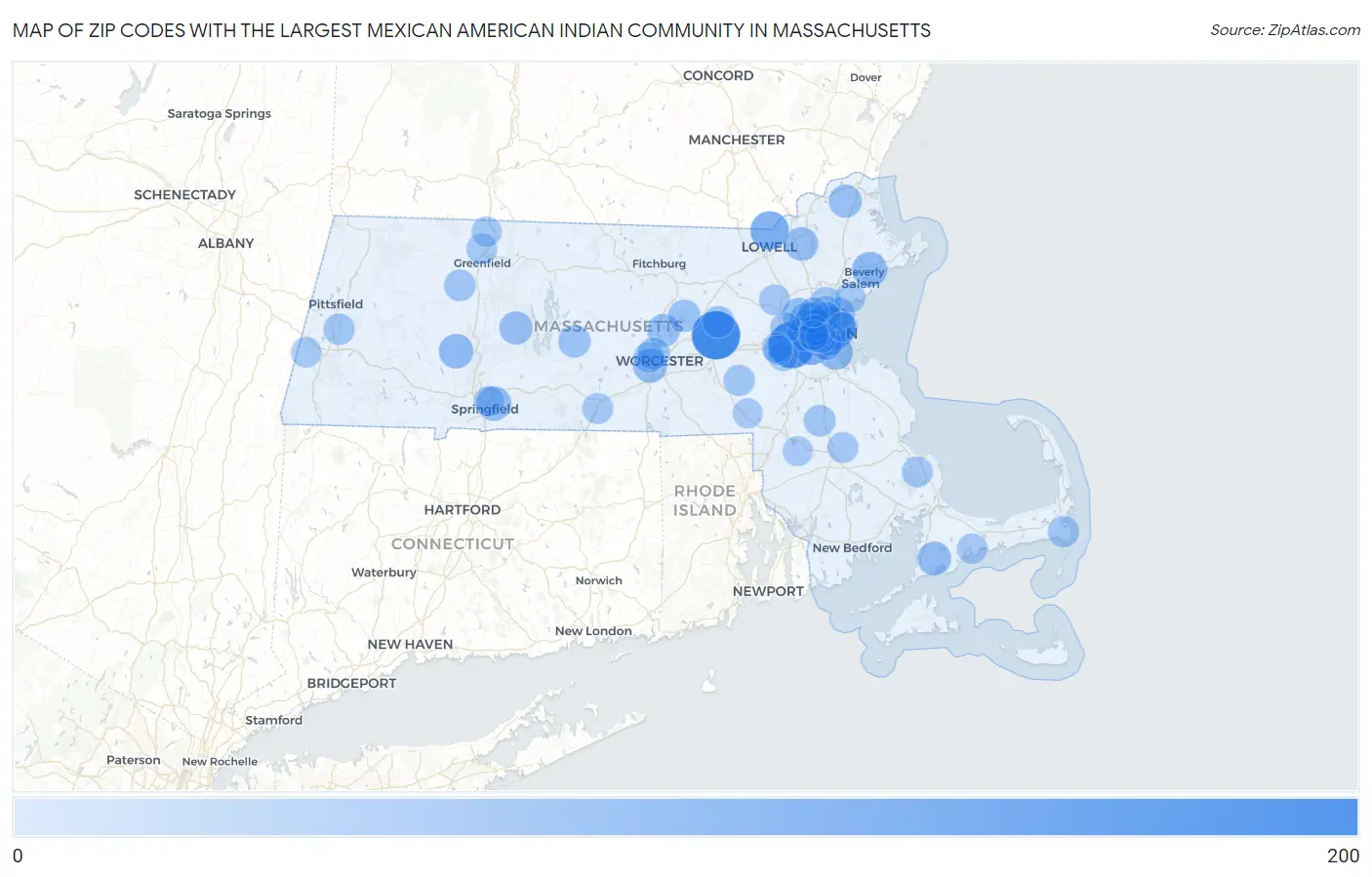 Zip Codes with the Largest Mexican American Indian Community in Massachusetts Map