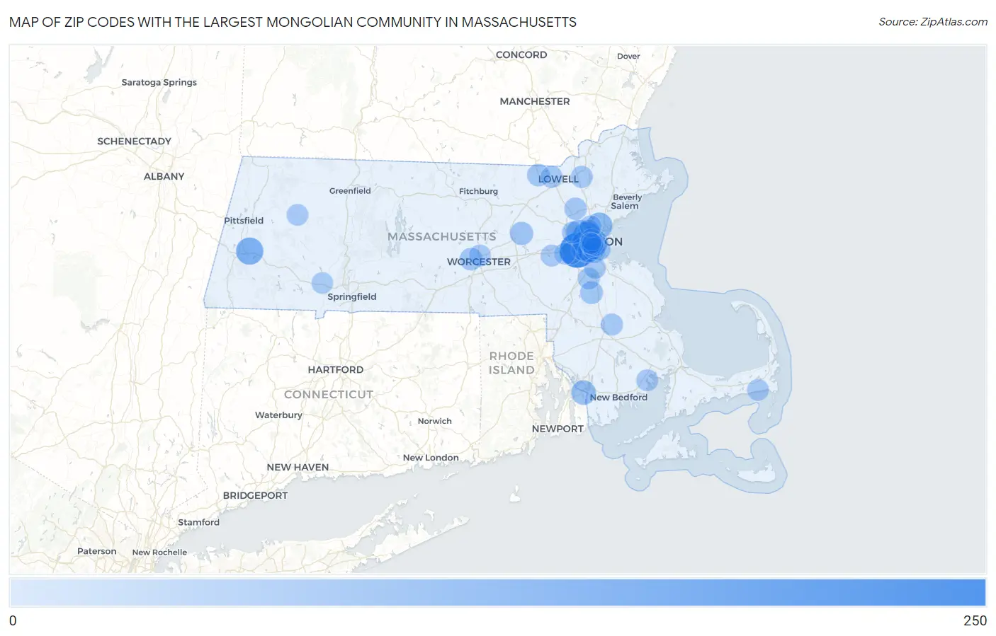 Zip Codes with the Largest Mongolian Community in Massachusetts Map