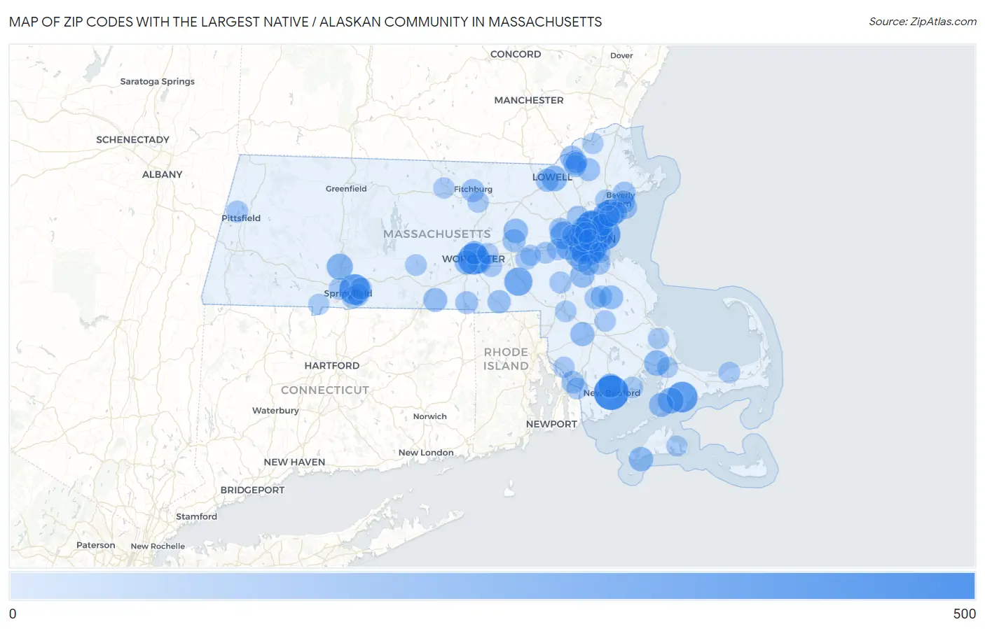 Zip Codes with the Largest Native / Alaskan Community in Massachusetts Map