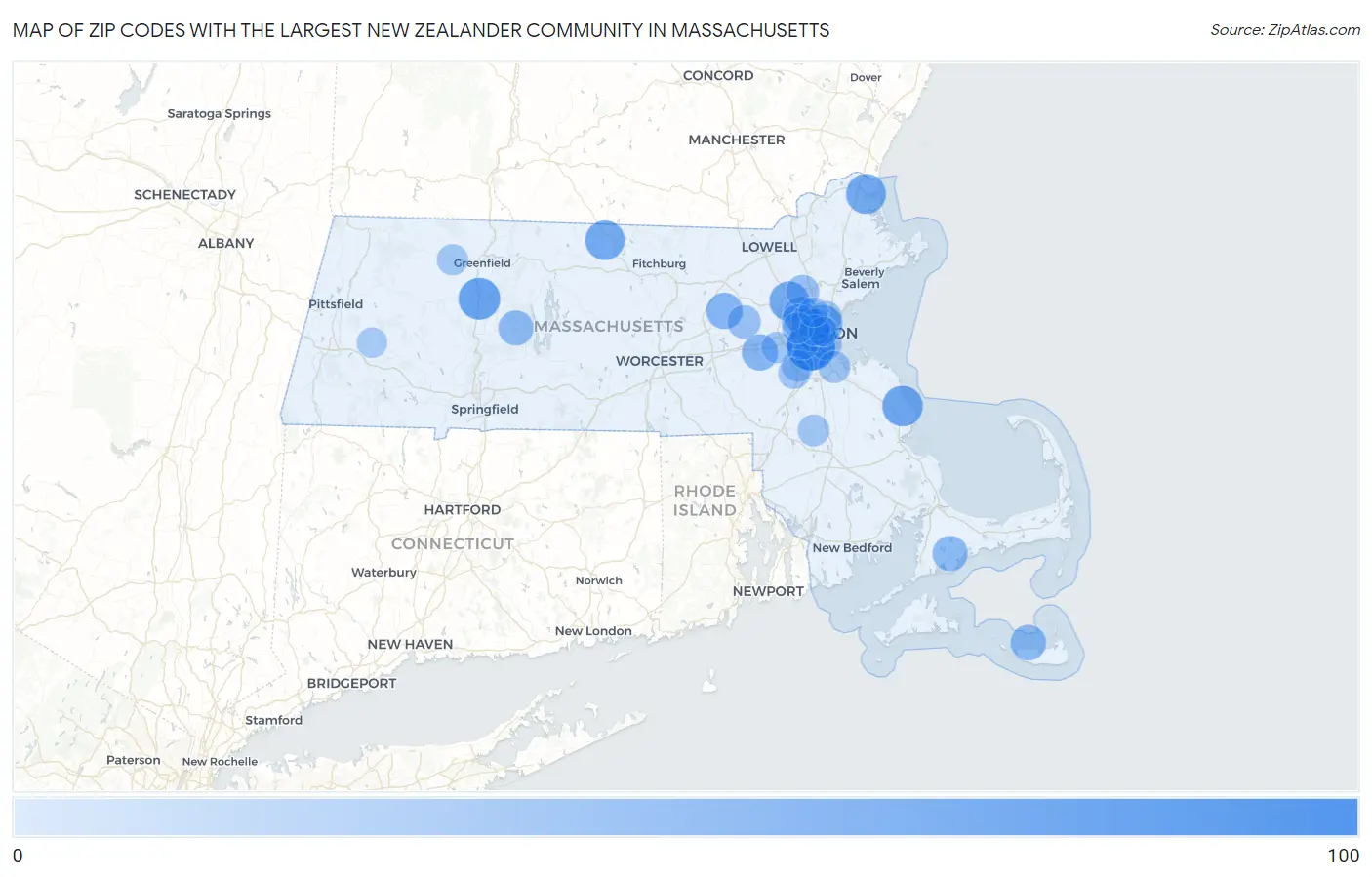 Zip Codes with the Largest New Zealander Community in Massachusetts Map