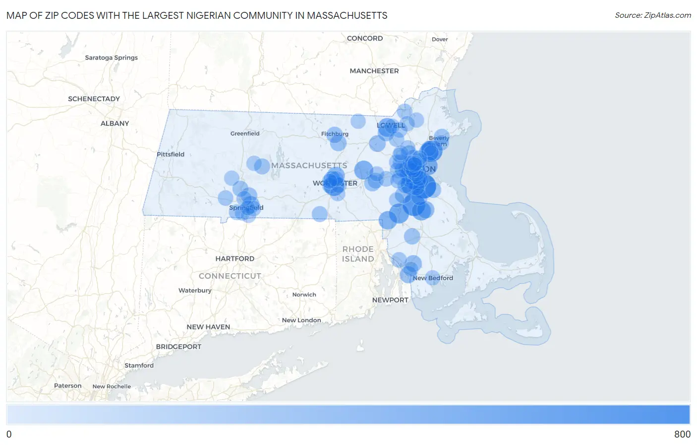 Zip Codes with the Largest Nigerian Community in Massachusetts Map