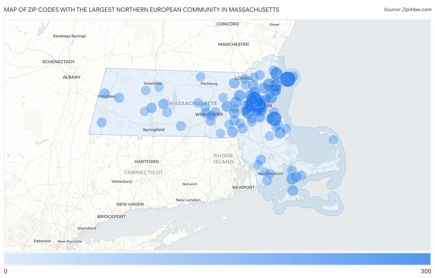 Zip Codes with the Largest Northern European Community in Massachusetts Map