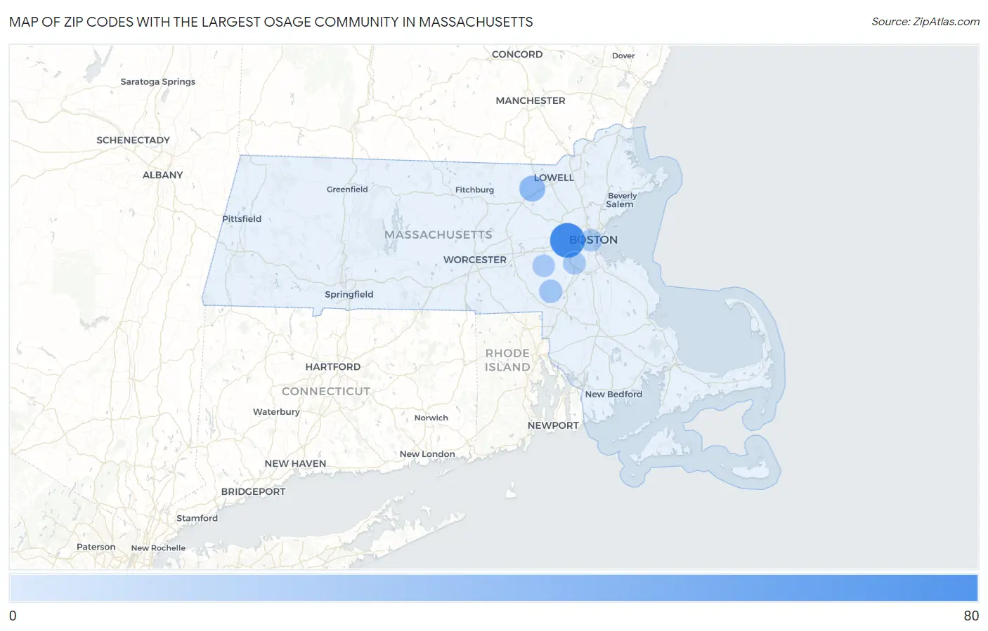 Zip Codes with the Largest Osage Community in Massachusetts Map