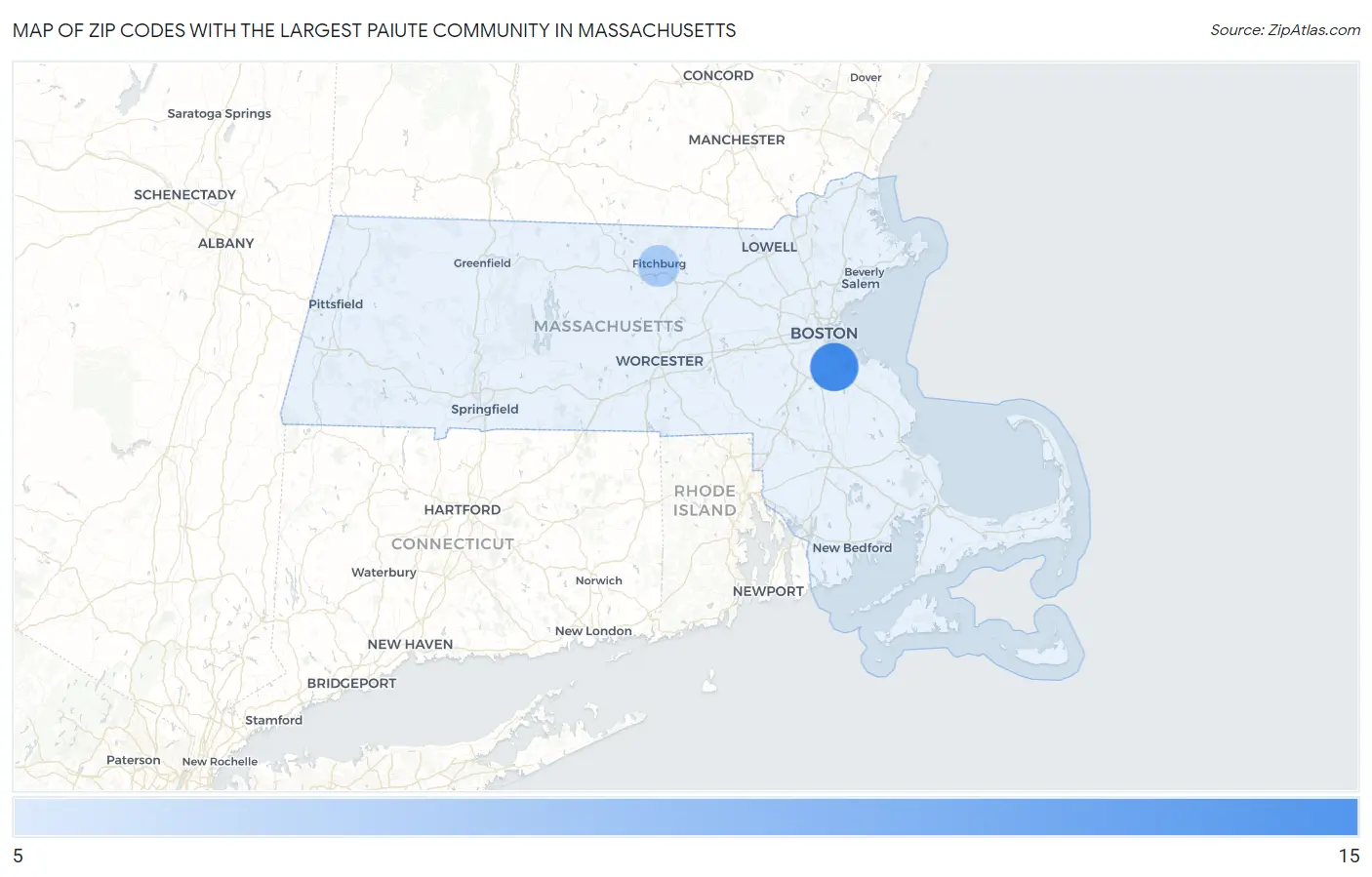 Zip Codes with the Largest Paiute Community in Massachusetts Map