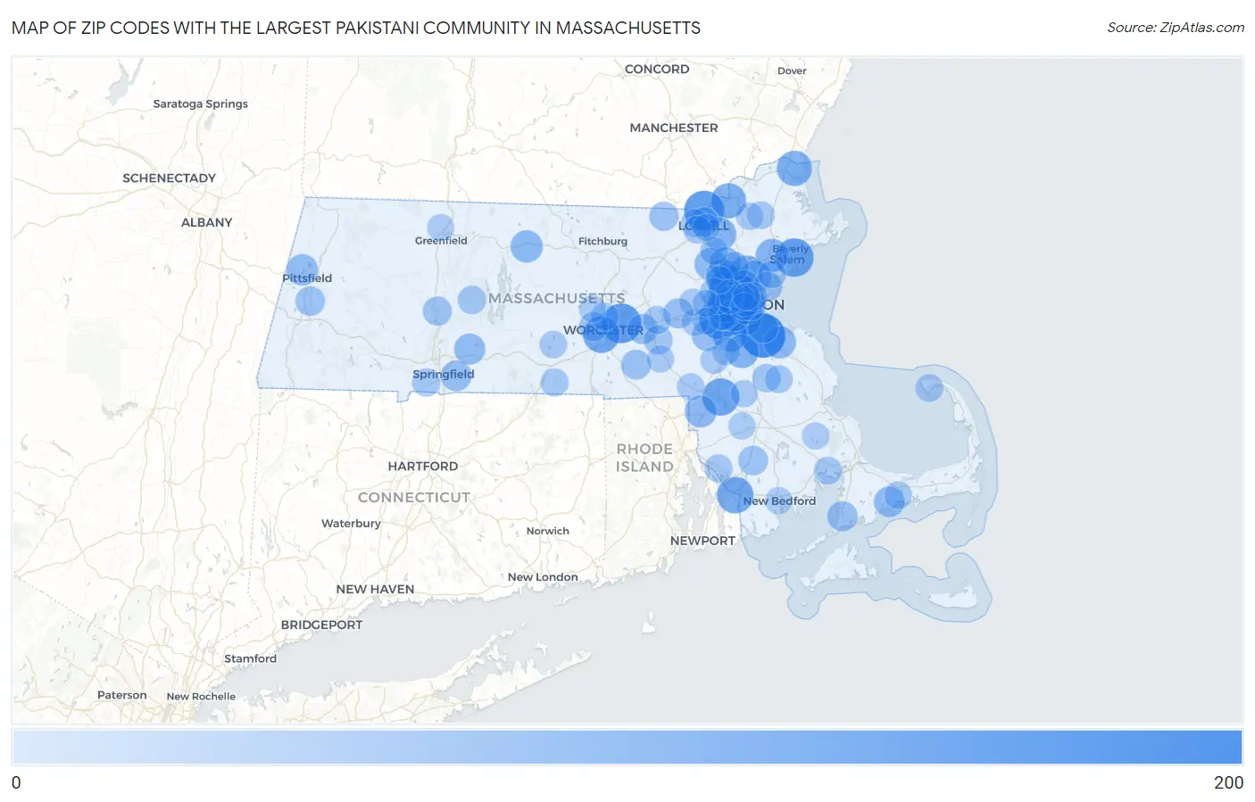 Zip Codes with the Largest Pakistani Community in Massachusetts Map