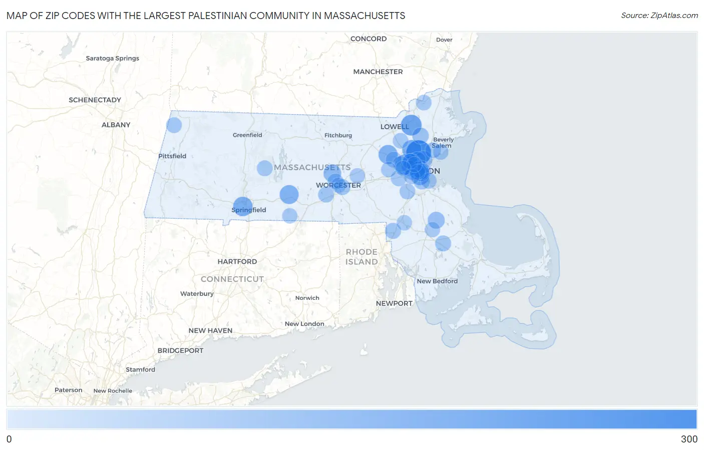 Zip Codes with the Largest Palestinian Community in Massachusetts Map