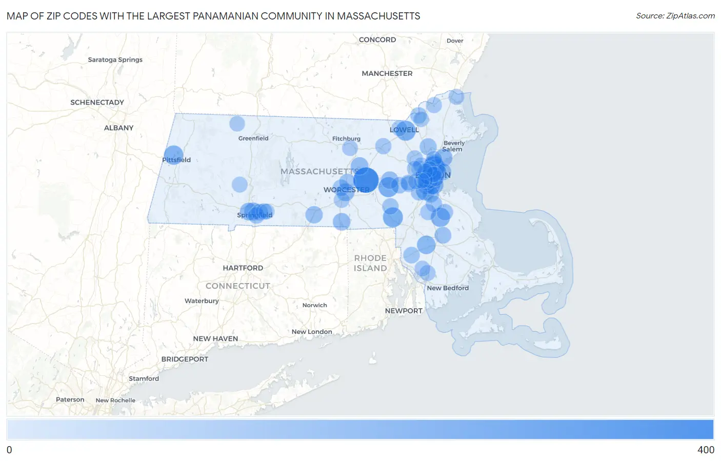 Zip Codes with the Largest Panamanian Community in Massachusetts Map