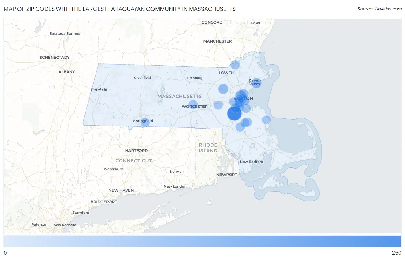 Zip Codes with the Largest Paraguayan Community in Massachusetts Map