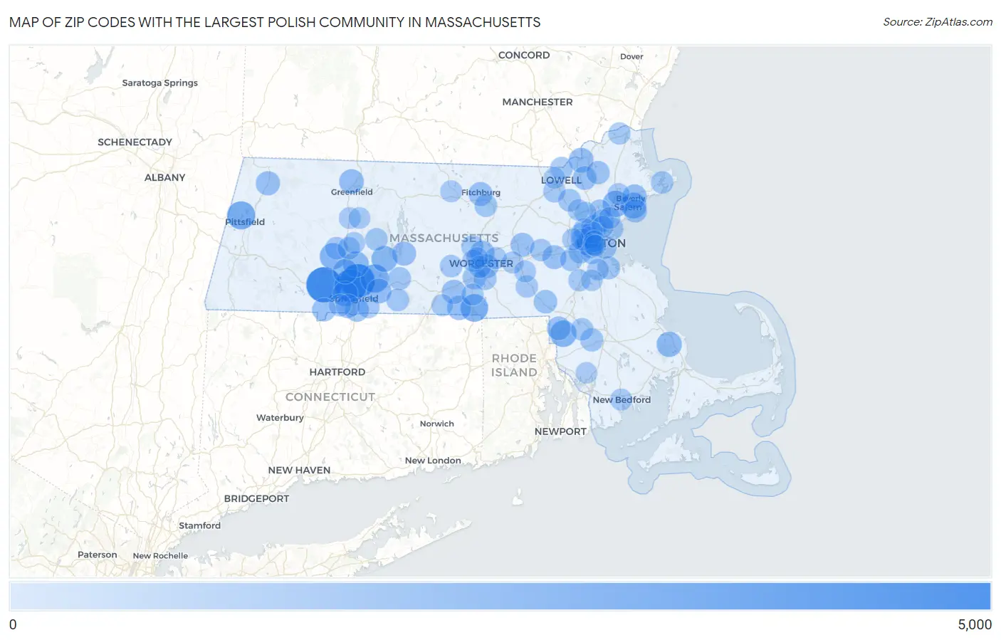 Zip Codes with the Largest Polish Community in Massachusetts Map