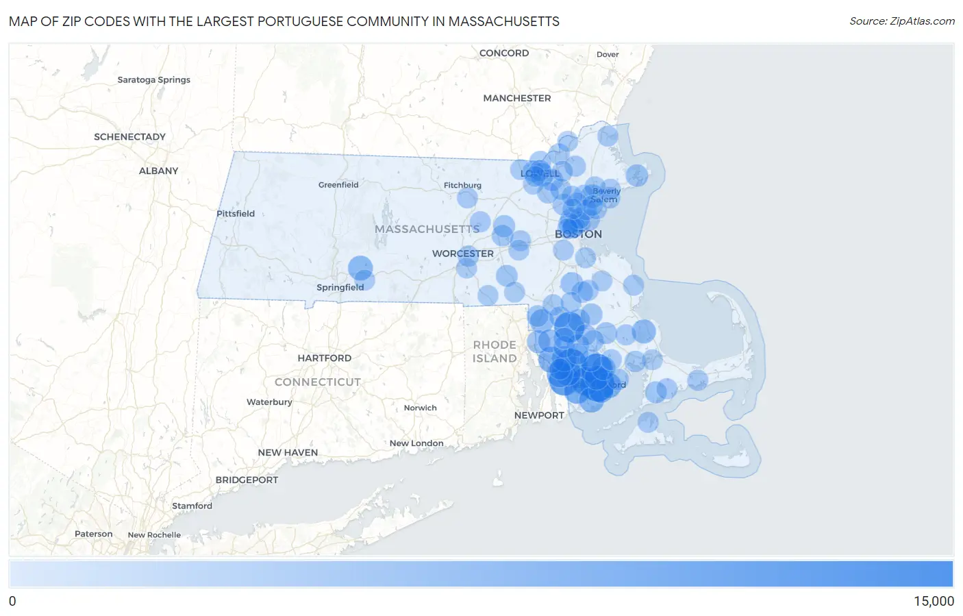 Zip Codes with the Largest Portuguese Community in Massachusetts Map