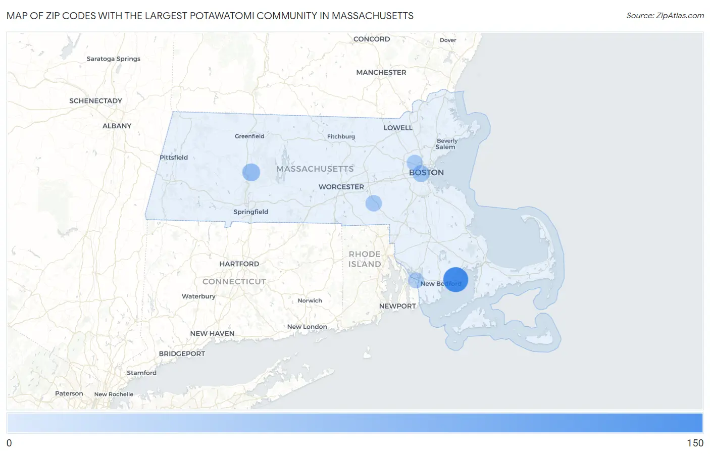 Zip Codes with the Largest Potawatomi Community in Massachusetts Map