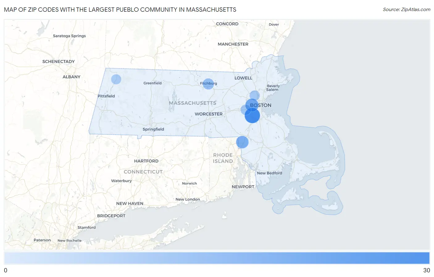Zip Codes with the Largest Pueblo Community in Massachusetts Map