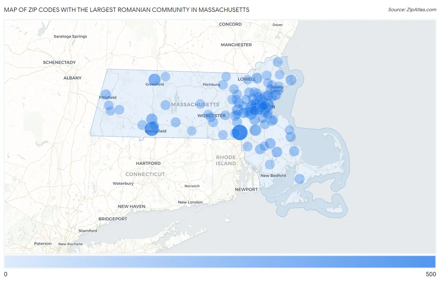Zip Codes with the Largest Romanian Community in Massachusetts Map