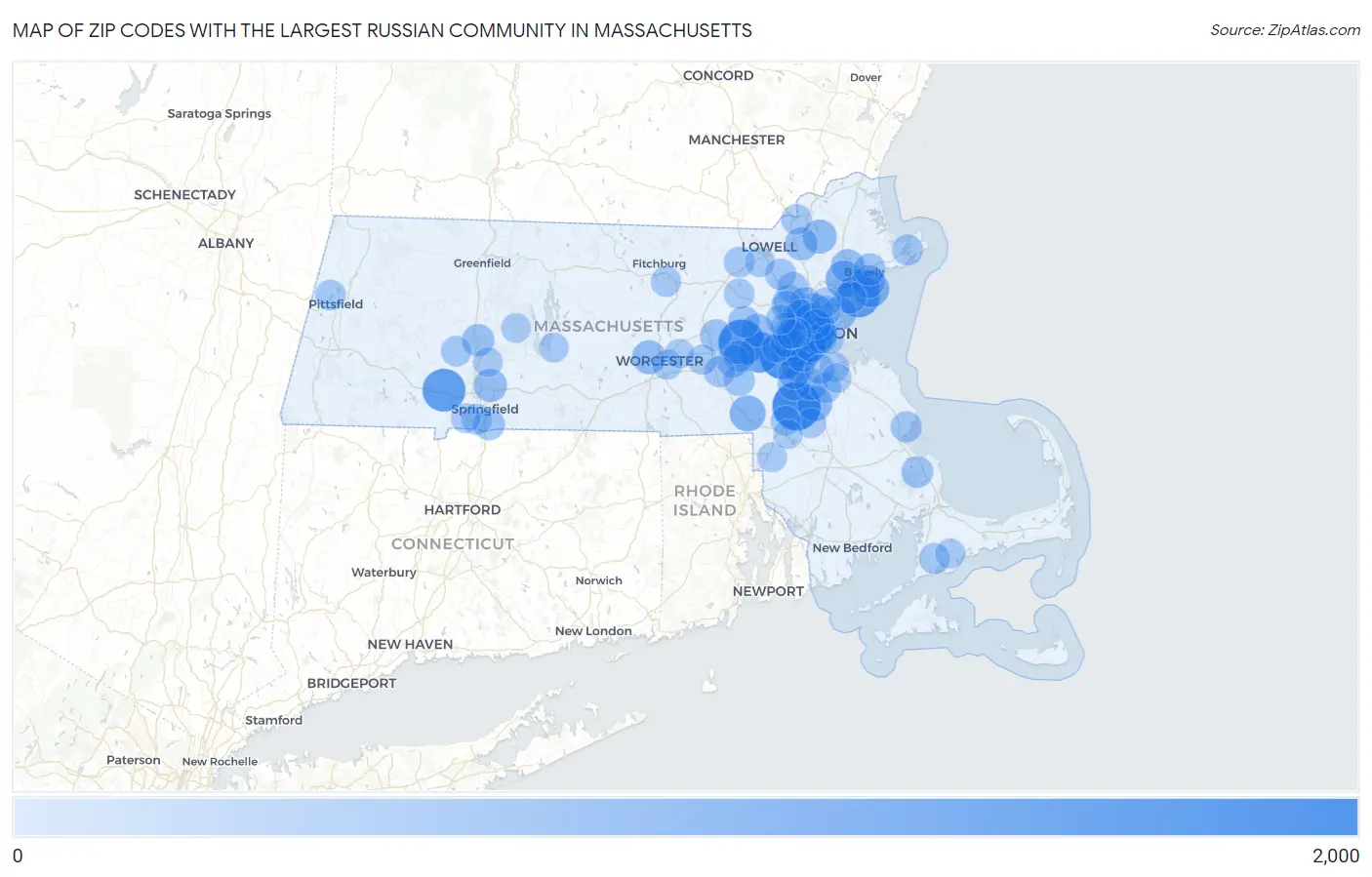 Zip Codes with the Largest Russian Community in Massachusetts Map