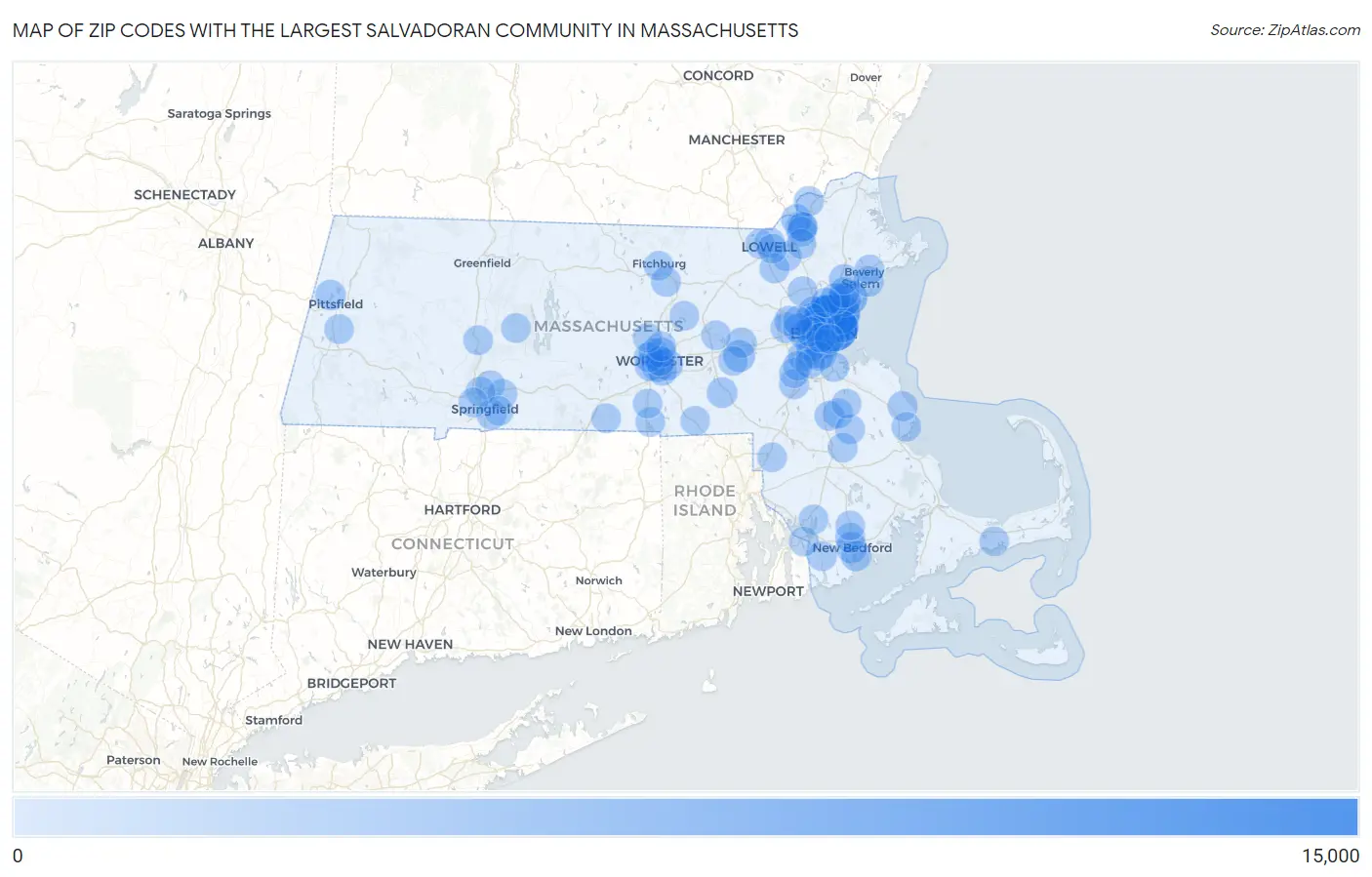 Zip Codes with the Largest Salvadoran Community in Massachusetts Map