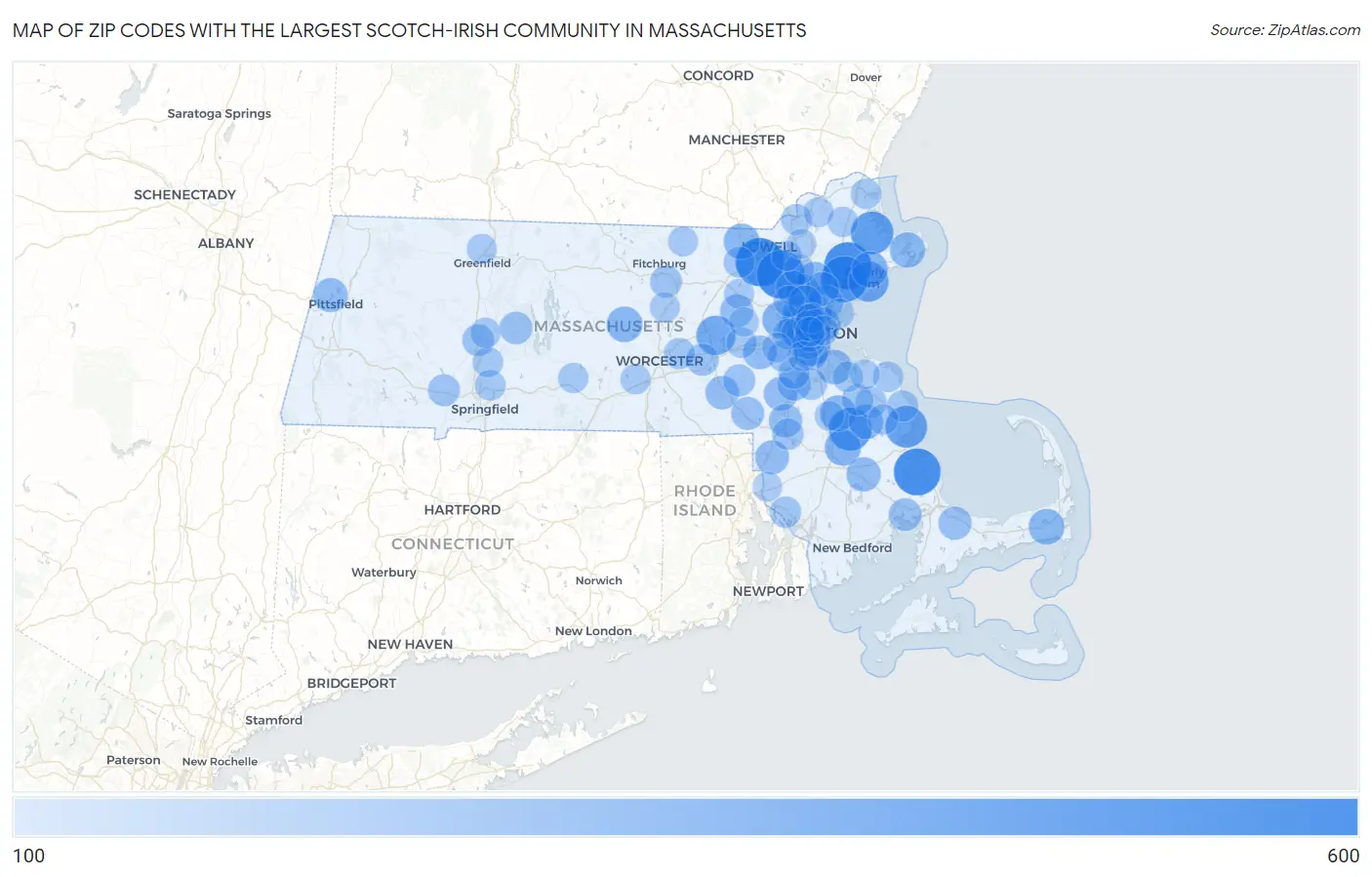 Zip Codes with the Largest Scotch-Irish Community in Massachusetts Map