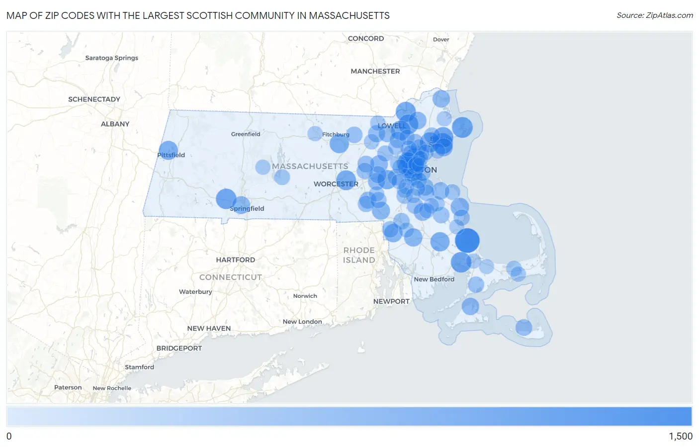 Zip Codes with the Largest Scottish Community in Massachusetts Map
