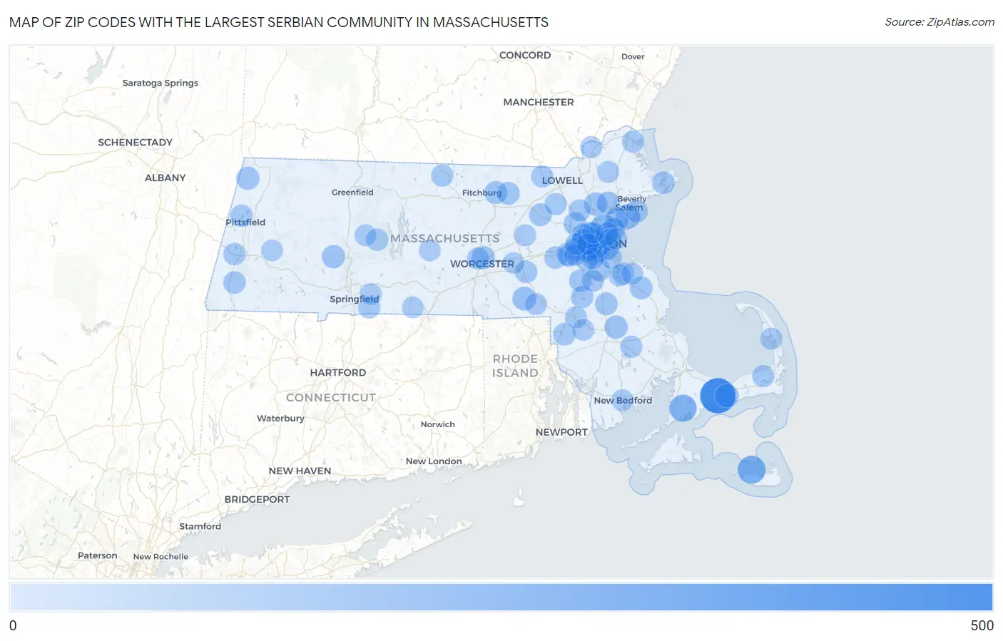 Zip Codes with the Largest Serbian Community in Massachusetts Map