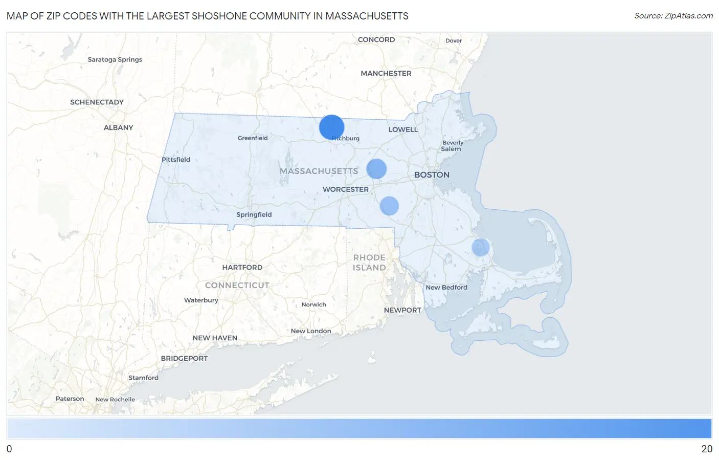 Zip Codes with the Largest Shoshone Community in Massachusetts Map