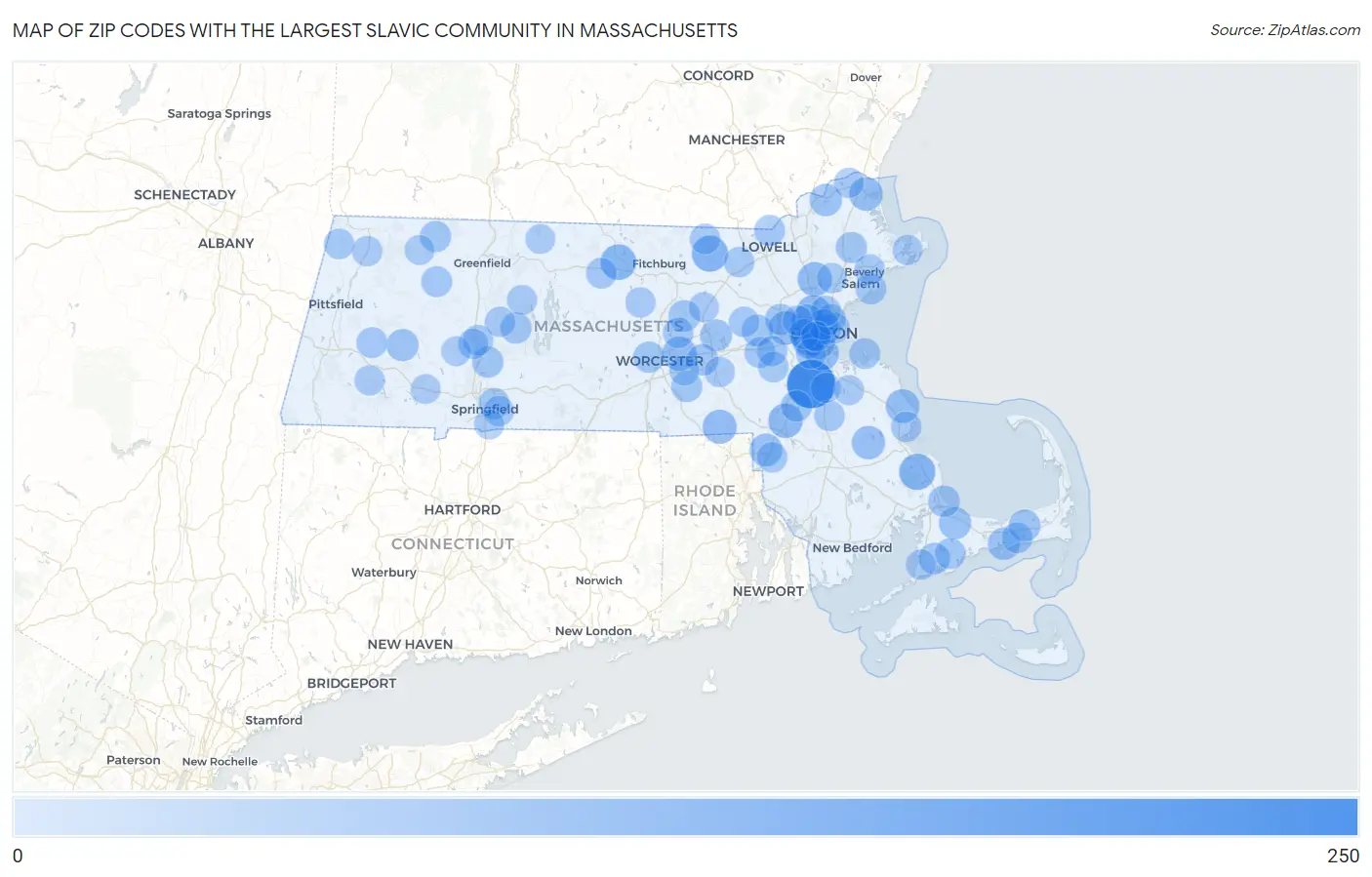 Zip Codes with the Largest Slavic Community in Massachusetts Map