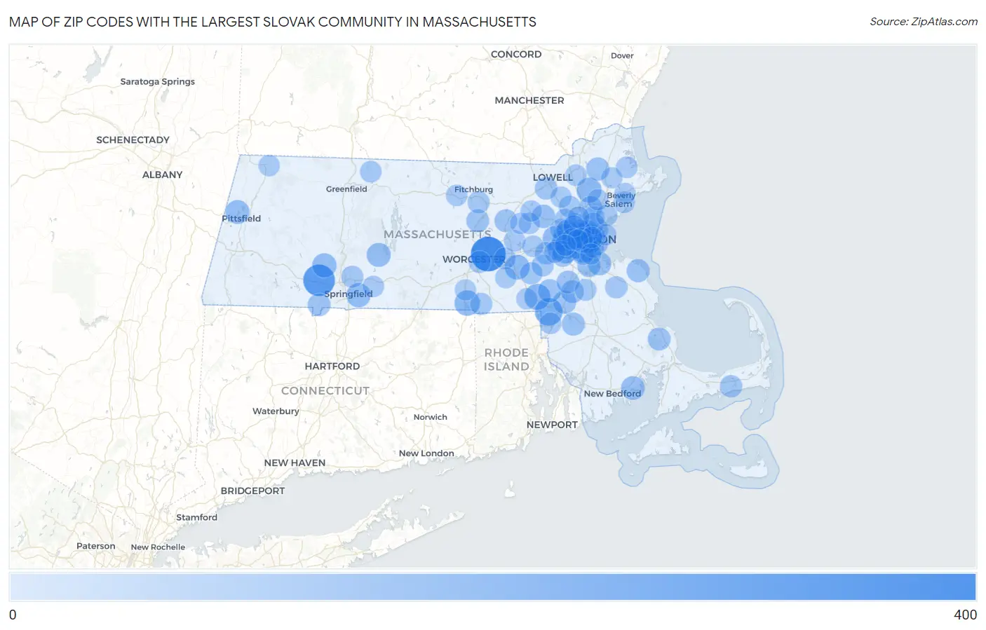Zip Codes with the Largest Slovak Community in Massachusetts Map