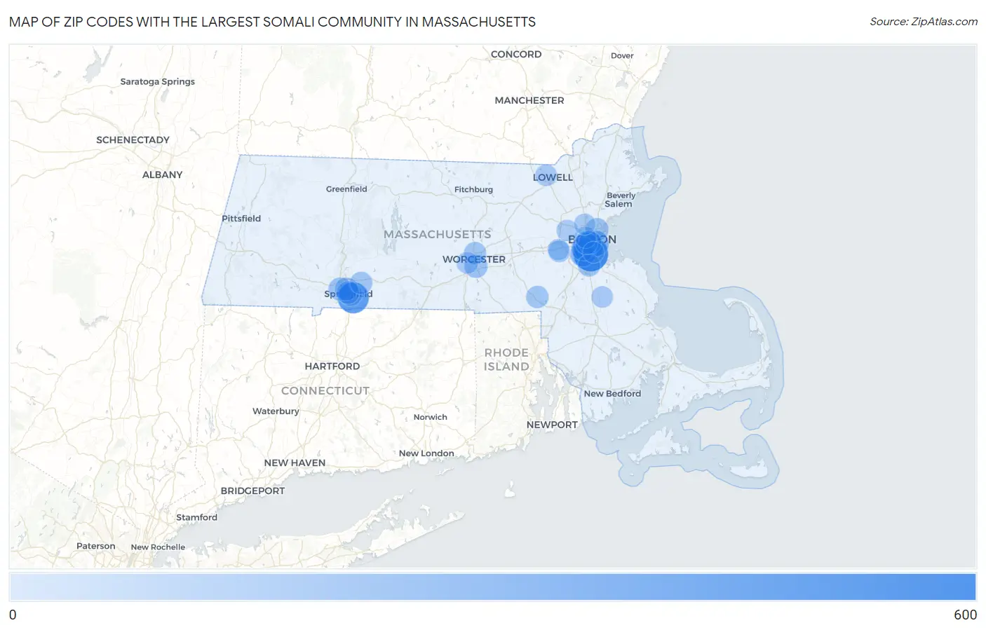 Zip Codes with the Largest Somali Community in Massachusetts Map
