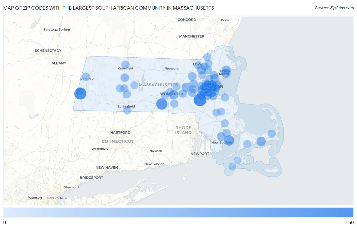 Zip Codes with the Largest South African Community in Massachusetts Map