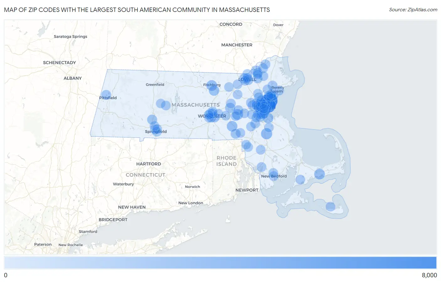 Zip Codes with the Largest South American Community in Massachusetts Map